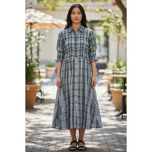 Maeve Anthropologie Black White Plaid Smocked Button Down Midi Dress Size Large